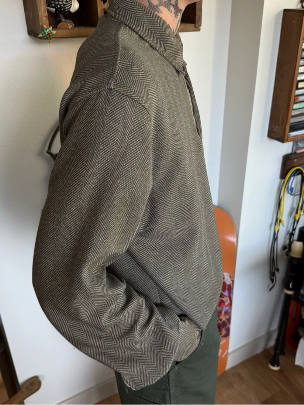 Vintage 90s 2000s LL Bean Cropped Herringbone Twill L/S Polo ~ Size Medium - Picture 2 of 7